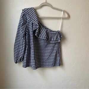 J.Crew Navy White Gingham One-Shoulder Ruffle Blouse - Preppy Summer Top